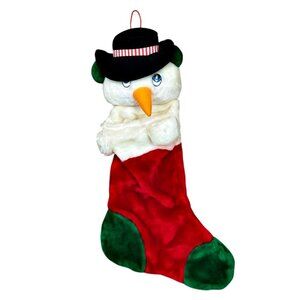 Vintage Christmas 3D Snowman Stocking Stuffed Plush Black White Red Freds 80s